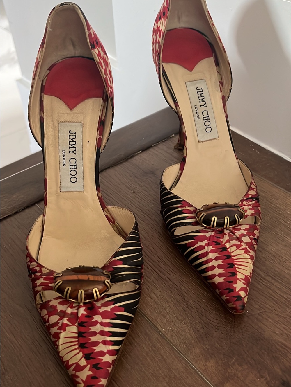Jimmy Choo Red and Black Patterned Pointed D'Orsay Heels with Buckle